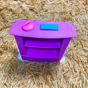 Barbie Doll office set up: purple standing desk, pink telephone, blue keyboard